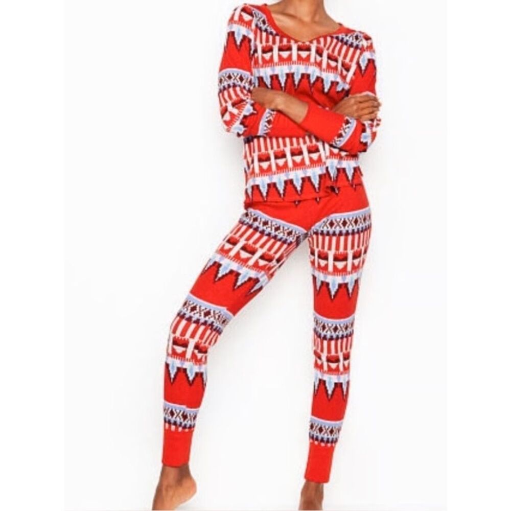 Victoria's Secret Red Purple Thermal Fair Isle Holiday Pajama Set M Girly Baddie